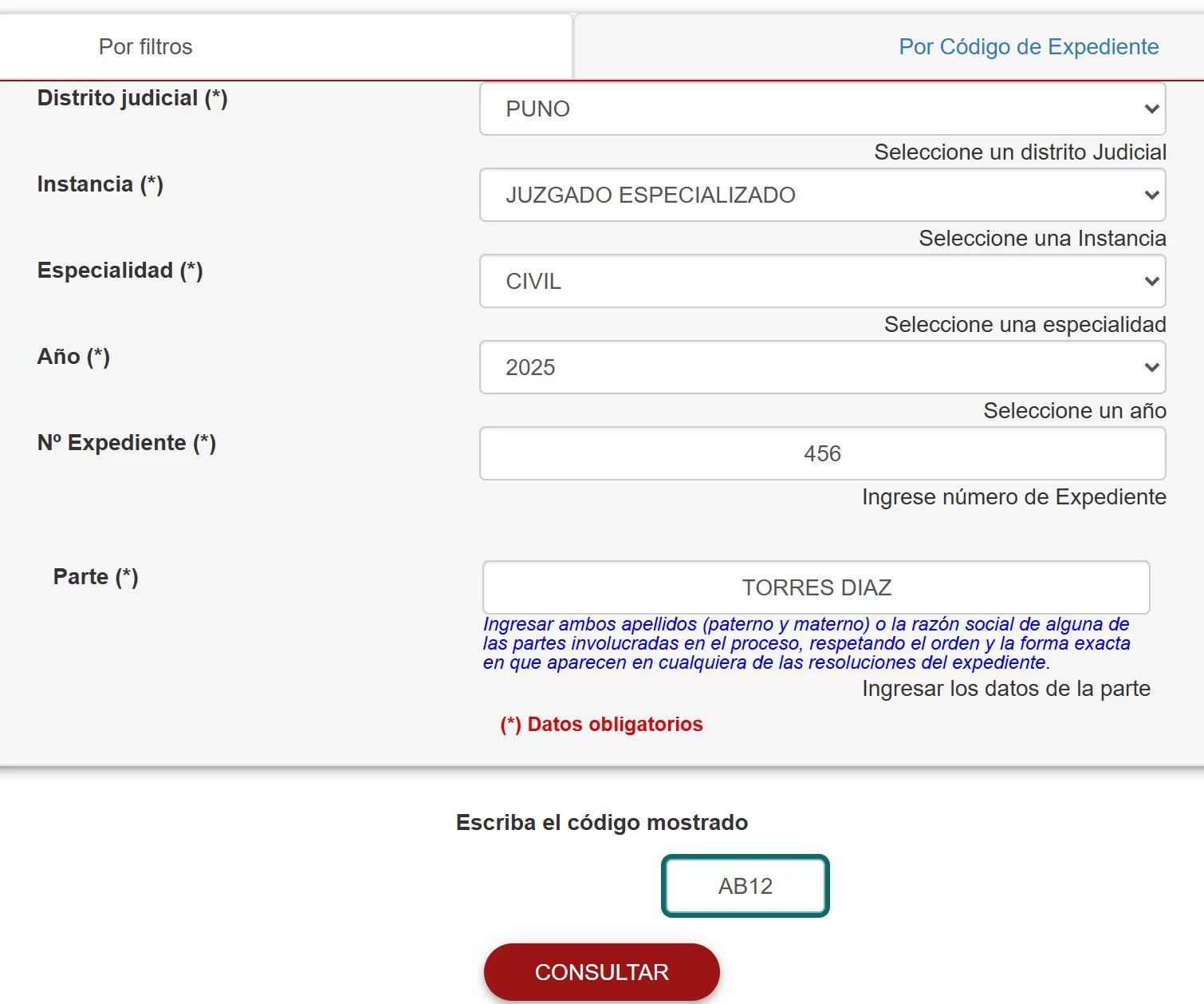 Formulario del CEJ completado por filtros: distrito Puno, juzgado especializado, especialidad civil, año 2025 y número 456, con datos de ejemplo.